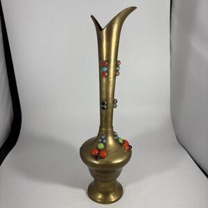 Tall Vintage Brass Pitchers w/Turquoise + Carnelian Glass Jewels Stones Vase 11"